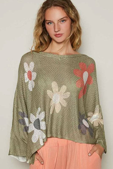 POL Flower Dropped Shoulder Long Sleeve Knit Top - Sleekdenim.com