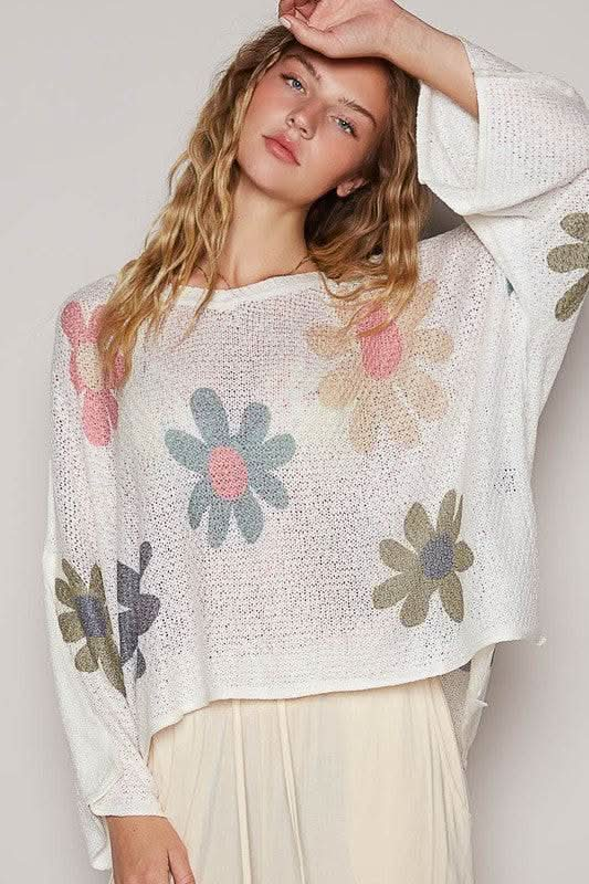 POL Flower Dropped Shoulder Long Sleeve Knit Top - Sleekdenim.com