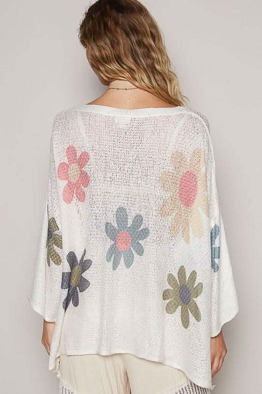 POL Flower Dropped Shoulder Long Sleeve Knit Top - Sleekdenim.com