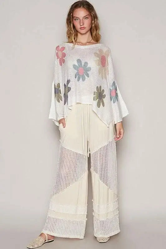 POL Flower Dropped Shoulder Long Sleeve Knit Top - Sleekdenim.com