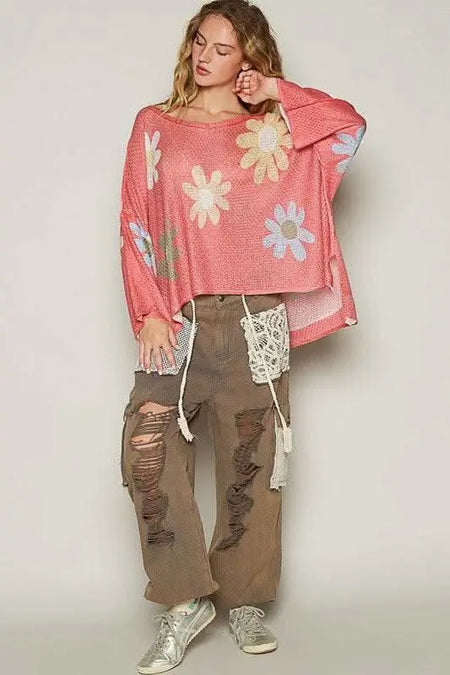 POL Flower Dropped Shoulder Long Sleeve Knit Top - Sleekdenim.com