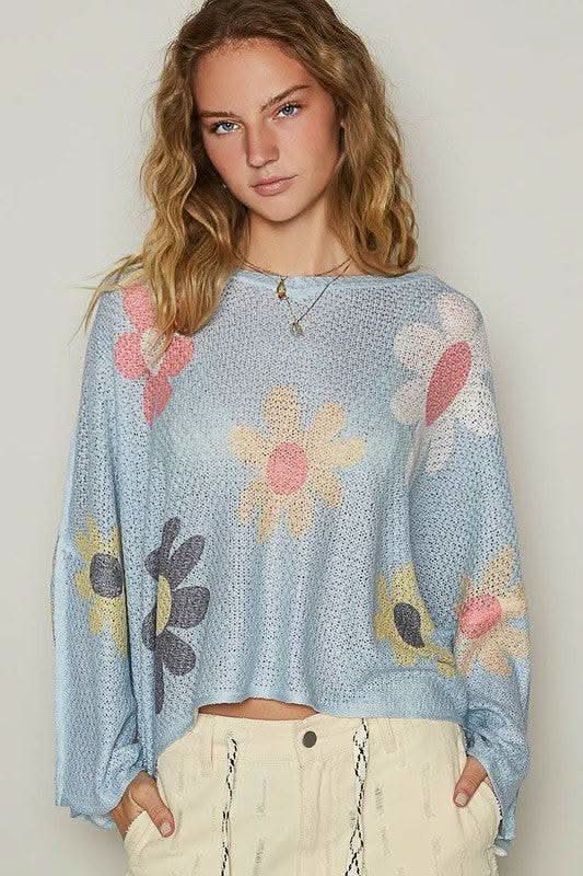 POL Flower Dropped Shoulder Long Sleeve Knit Top - Sleekdenim.com