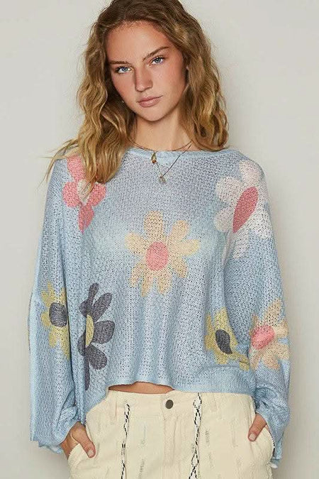 POL Flower Dropped Shoulder Long Sleeve Knit Top - Sleekdenim.com