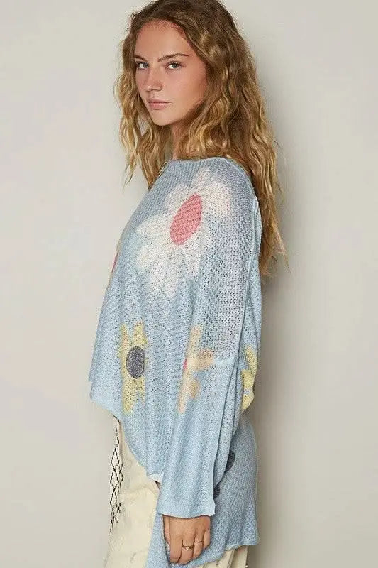 POL Flower Dropped Shoulder Long Sleeve Knit Top - Sleekdenim.com