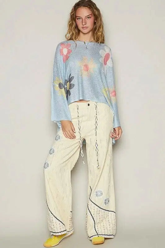 POL Flower Dropped Shoulder Long Sleeve Knit Top - Sleekdenim.com