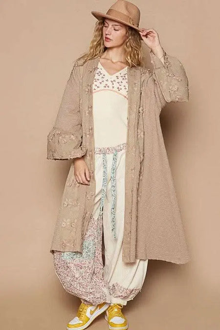 POL Flower Lace Trim Open Front Longline Cardigan - Sleekdenim.com