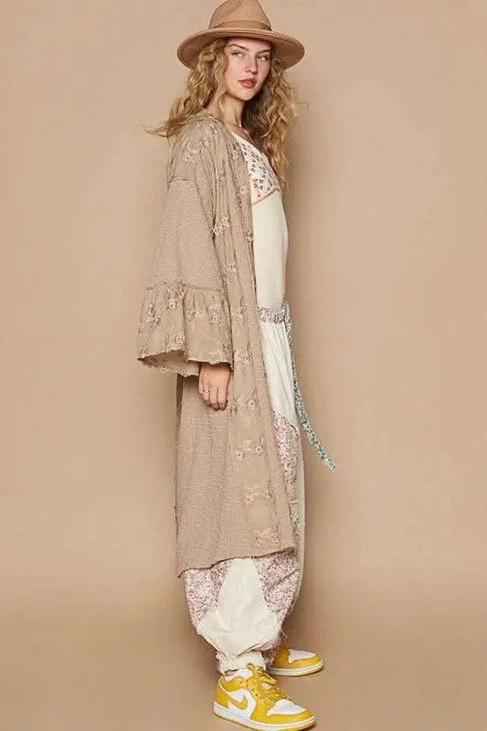 POL Flower Lace Trim Open Front Longline Cardigan - Sleekdenim.com