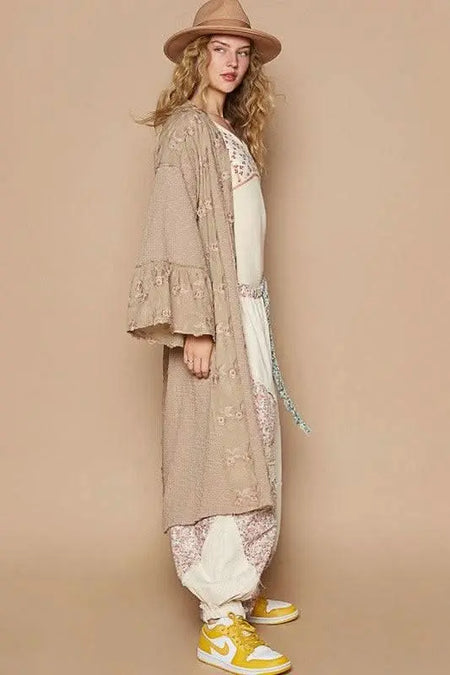 POL Flower Lace Trim Open Front Longline Cardigan - Sleekdenim.com