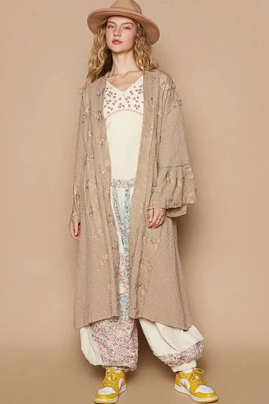 POL Flower Lace Trim Open Front Longline Cardigan - Sleekdenim.com