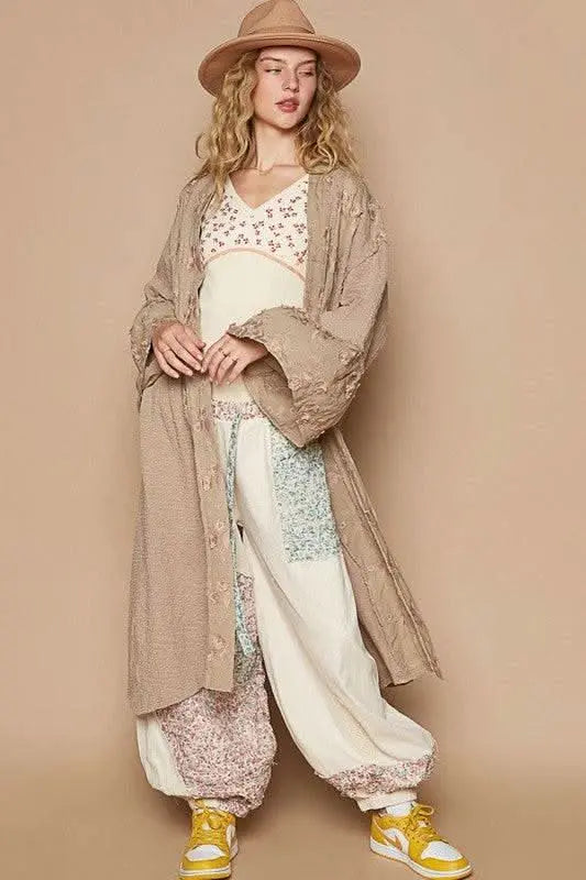 POL Flower Lace Trim Open Front Longline Cardigan - Sleekdenim.com