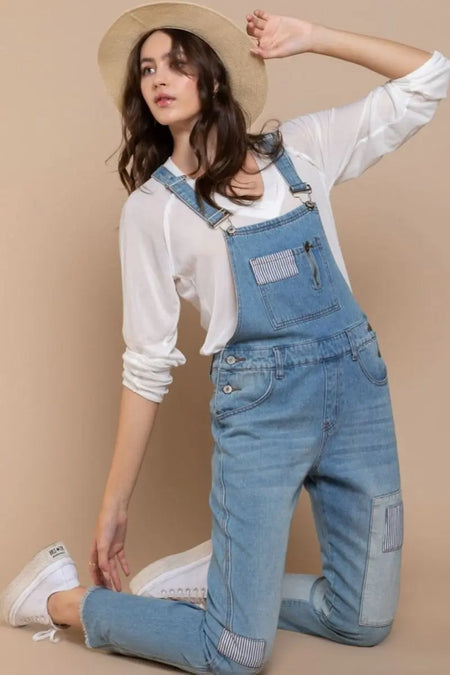 POL Front Chest Zipper Slim Leg Denim Overalls - Sleekdenim.com