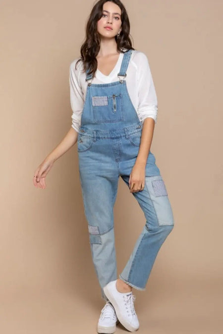 POL Front Chest Zipper Slim Leg Denim Overalls - Sleekdenim.com