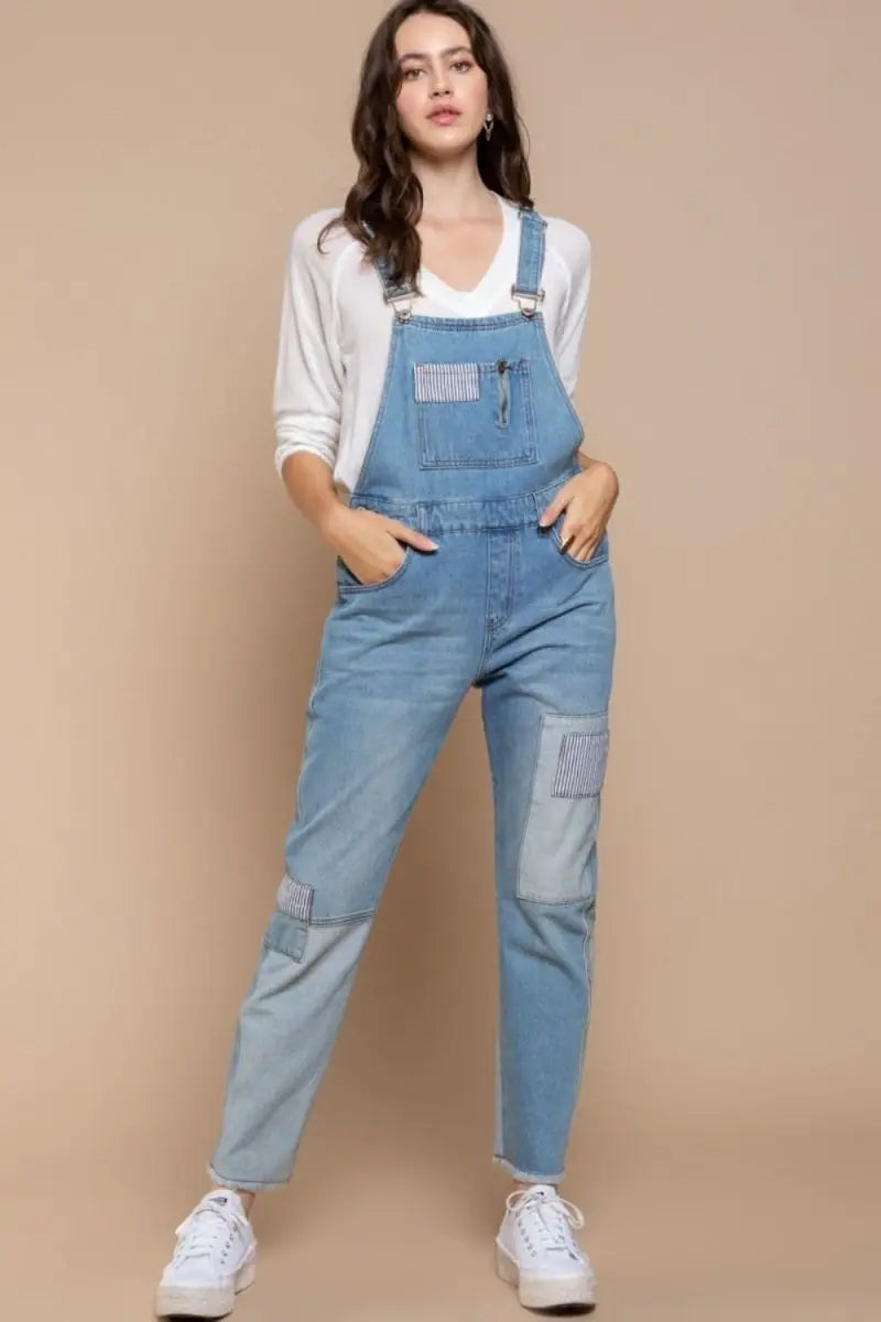 POL Front Chest Zipper Slim Leg Denim Overalls - Sleekdenim.com