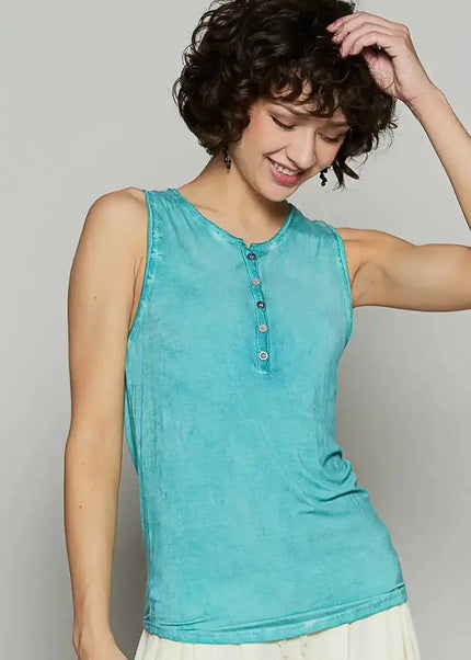 POL Half Button Round Neck Washed Tank - Sleekdenim.com