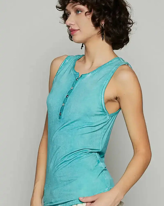POL Half Button Round Neck Washed Tank - Sleekdenim.com