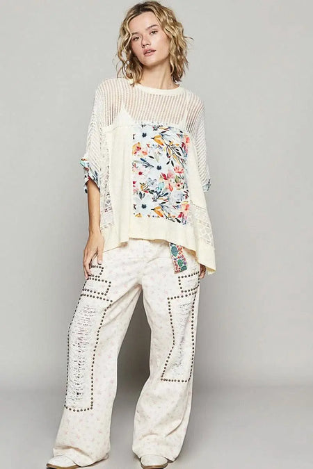 POL Hollow Out Floral Half Sleeve Knit Top - Sleekdenim.com