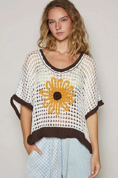 POL Hollow Out Flower Half Sleeve Knit Cover Up - Sleekdenim.com