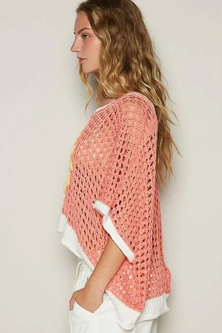 POL Hollow Out Flower Half Sleeve Knit Cover Up - Sleekdenim.com