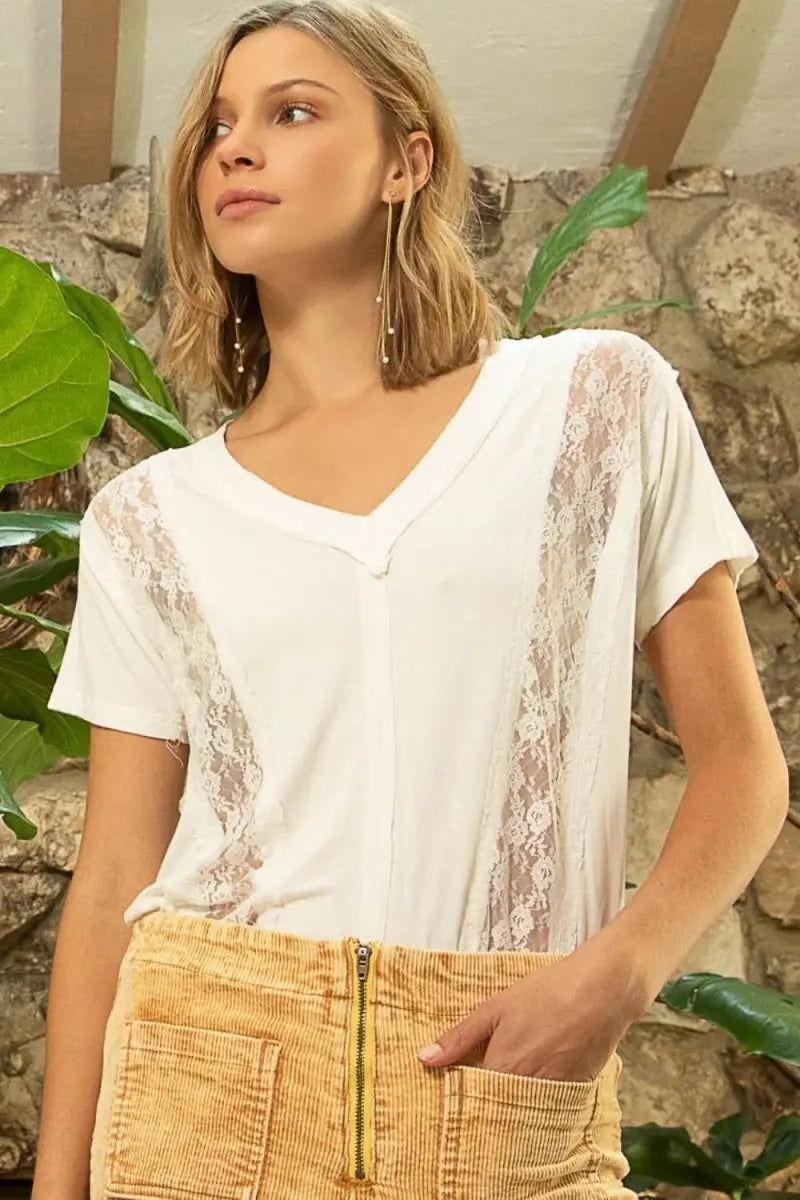 POL Inset Lace Outseam Detail Short Sleeve V - Neck T-Shirt - Sleekdenim.com