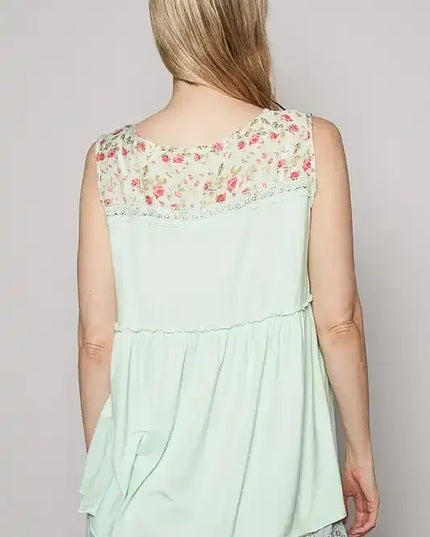 POL Lace Detail Frill Floral V-Neck Sleeveless Top - Sleekdenim.com