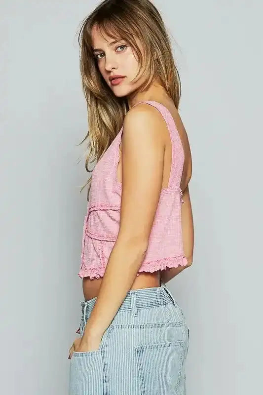 POL Lace Detail V-Neck Cropped Tank - Sleekdenim.com