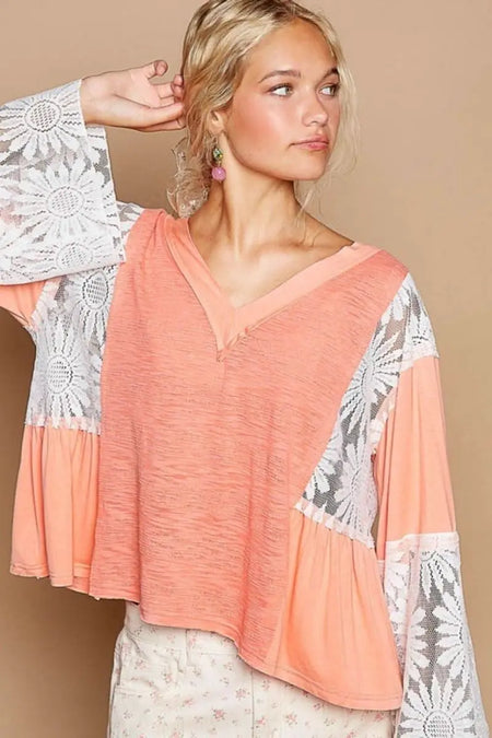 POL Lace Detail V - Neck Flare Sleeve Blouse - Sleekdenim.com