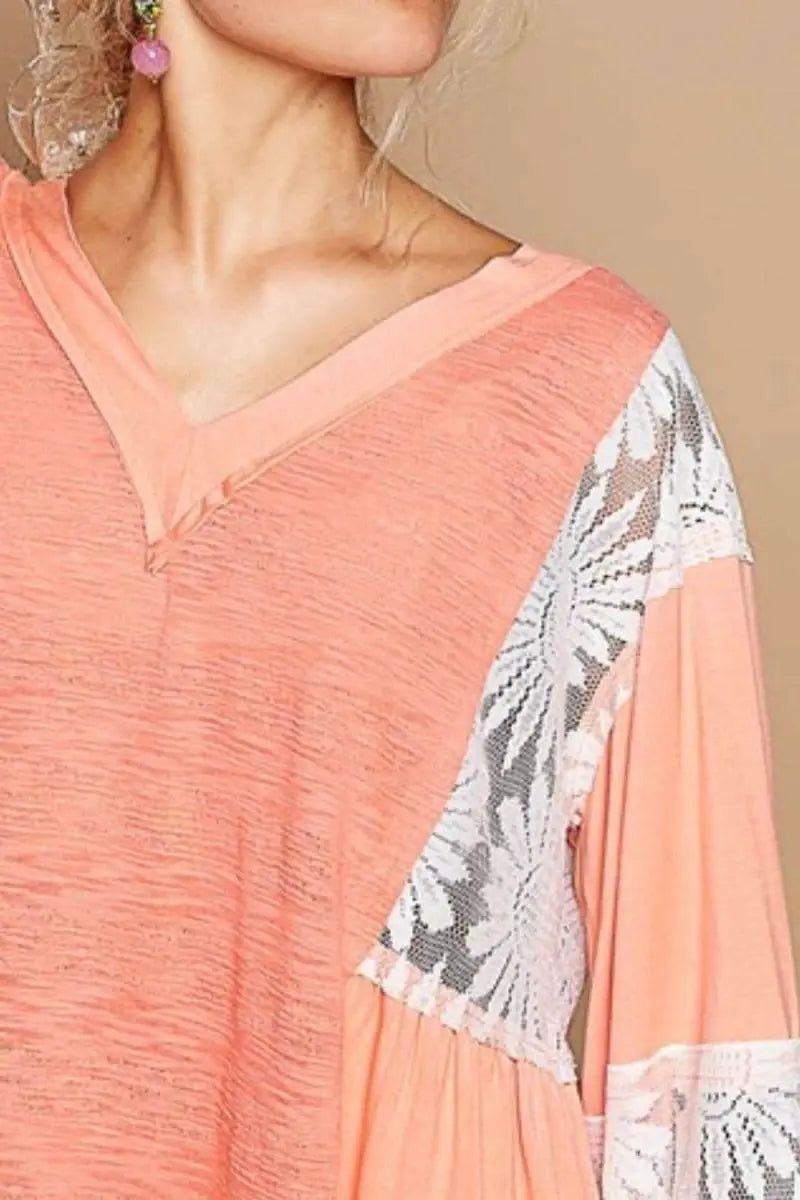 POL Lace Detail V - Neck Flare Sleeve Blouse - Sleekdenim.com