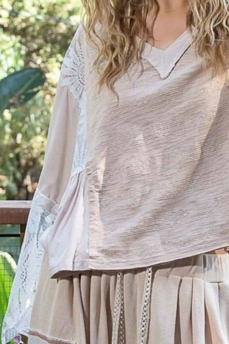 POL Lace Detail V - Neck Flare Sleeve Blouse - Sleekdenim.com