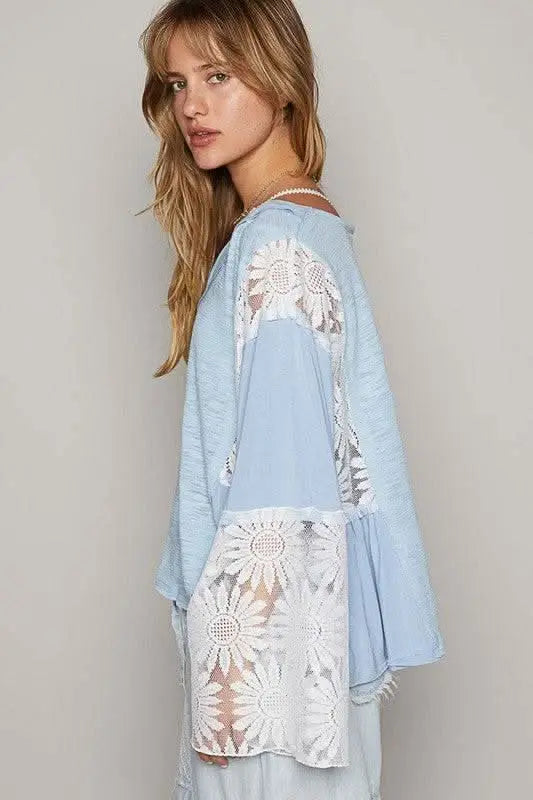 POL Lace Detail V - Neck Flare Sleeve Blouse - Sleekdenim.com