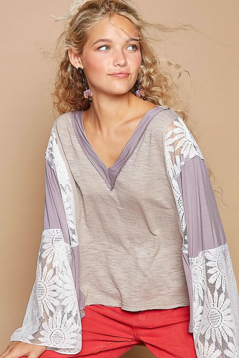 POL Lace Detail V - Neck Flare Sleeve Blouse - Sleekdenim.com