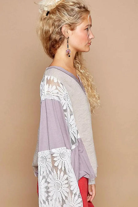 POL Lace Detail V - Neck Flare Sleeve Blouse - Sleekdenim.com