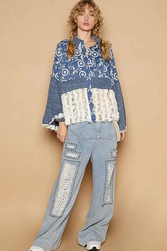 POL Lace Hem Embroidered Long Sleeve Shirt - Sleekdenim.com