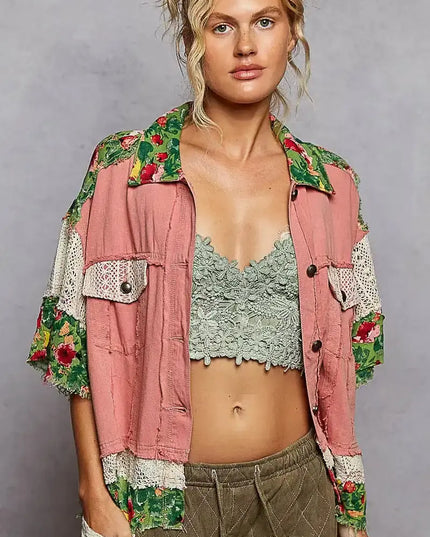 POL Lace Patch Floral Half Sleeve Shacket - Sleekdenim.com