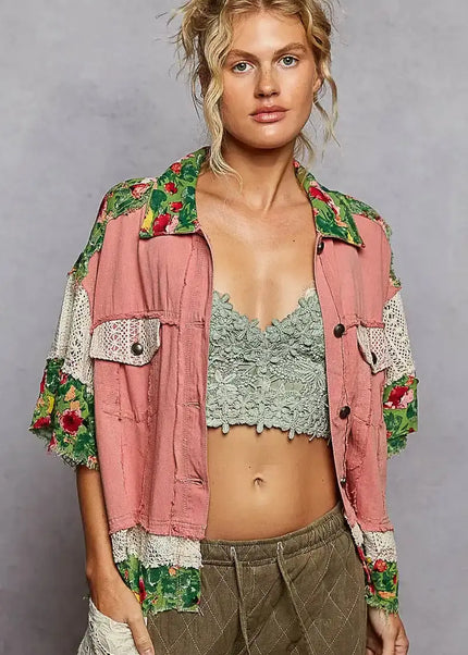 POL Lace Patch Floral Half Sleeve Shacket - Sleekdenim.com