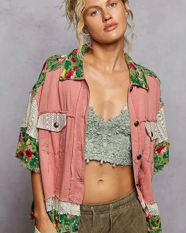 POL Lace Patch Floral Half Sleeve Shacket - Sleekdenim.com
