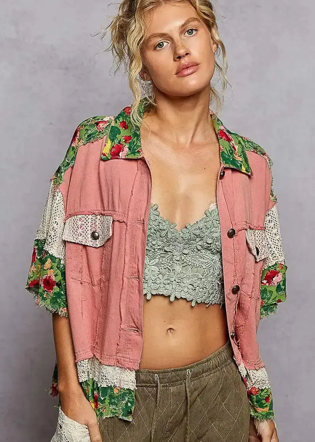 POL Lace Patch Floral Half Sleeve Shacket - Sleekdenim.com