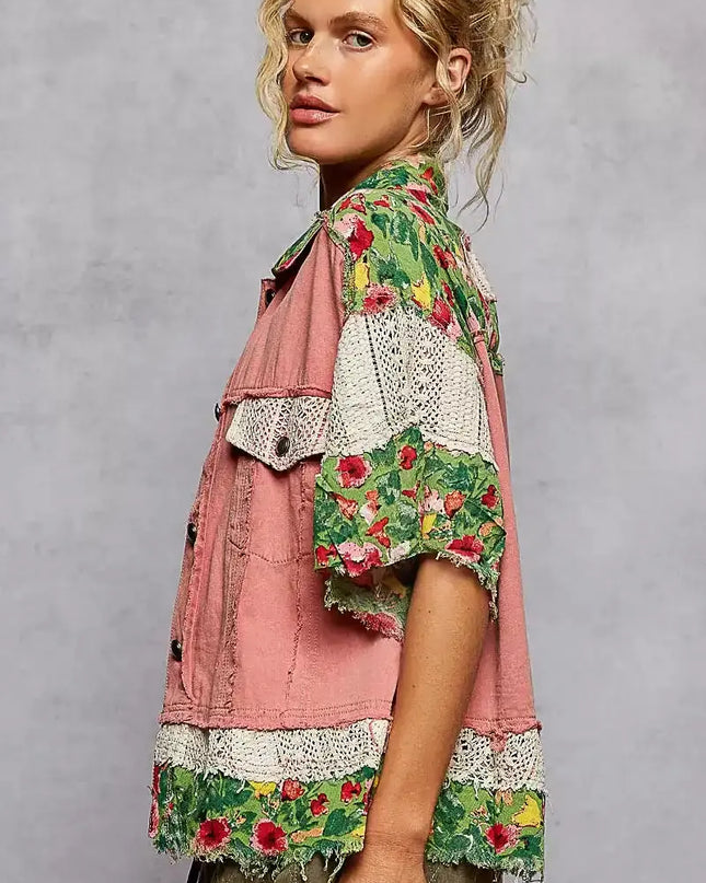 POL Lace Patch Floral Half Sleeve Shacket - Sleekdenim.com