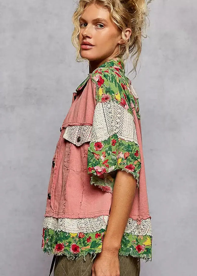 POL Lace Patch Floral Half Sleeve Shacket - Sleekdenim.com