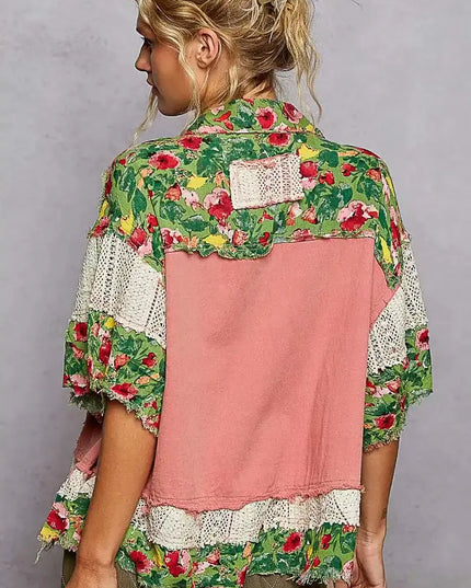 POL Lace Patch Floral Half Sleeve Shacket - Sleekdenim.com