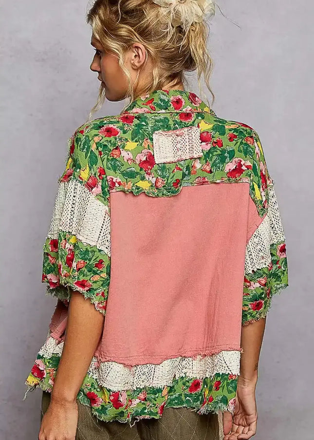 POL Lace Patch Floral Half Sleeve Shacket - Sleekdenim.com