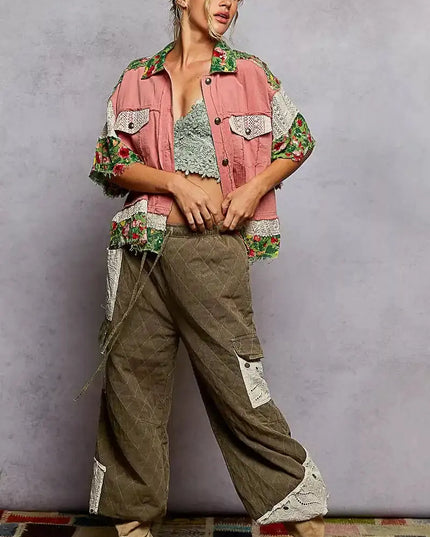 POL Lace Patch Floral Half Sleeve Shacket - Sleekdenim.com