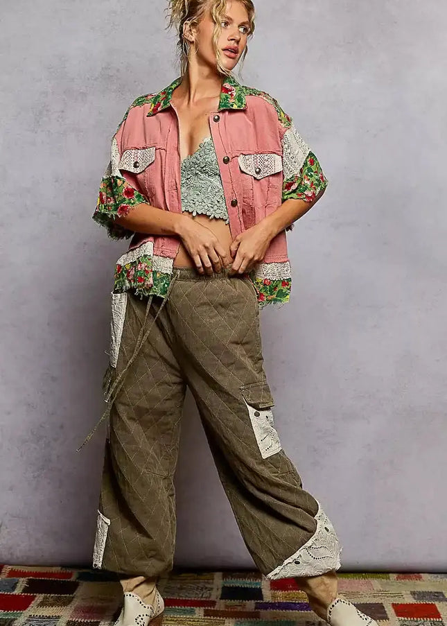 POL Lace Patch Floral Half Sleeve Shacket - Sleekdenim.com