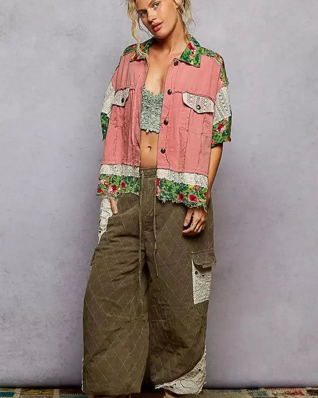 POL Lace Patch Floral Half Sleeve Shacket - Sleekdenim.com