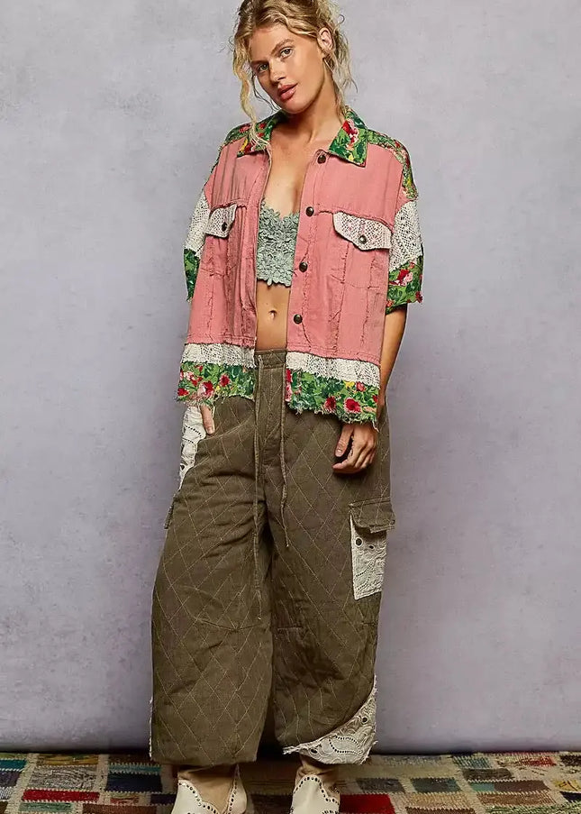 POL Lace Patch Floral Half Sleeve Shacket - Sleekdenim.com