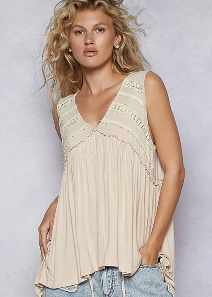 POL Lace Trim Babydoll Sleeveless Top with Ruffled and Raw Edge Detail - Sleekdenim.com