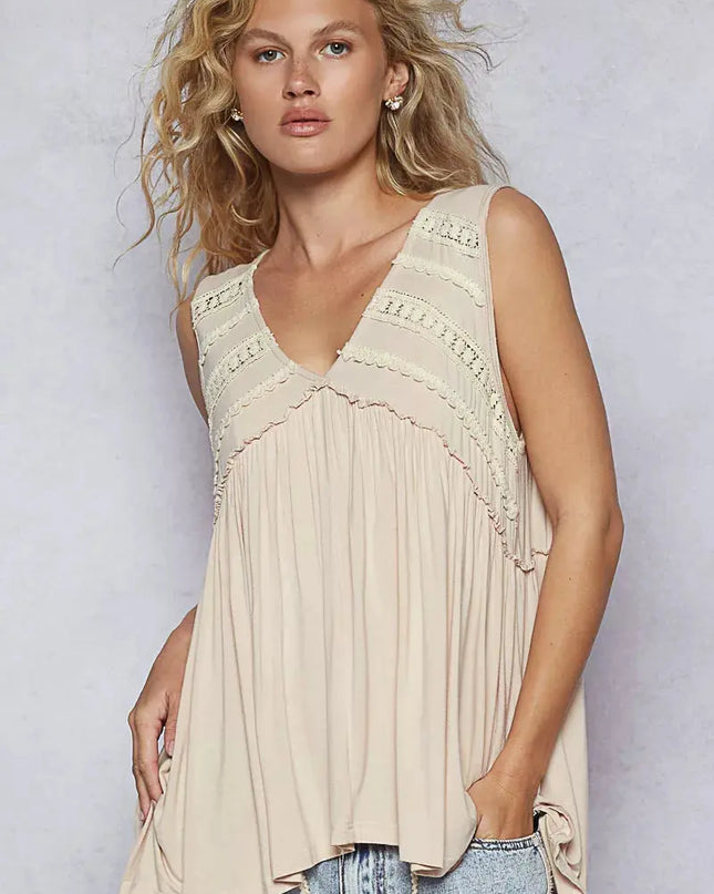 POL Lace Trim Babydoll Sleeveless Top with Ruffled and Raw Edge Detail - Sleekdenim.com