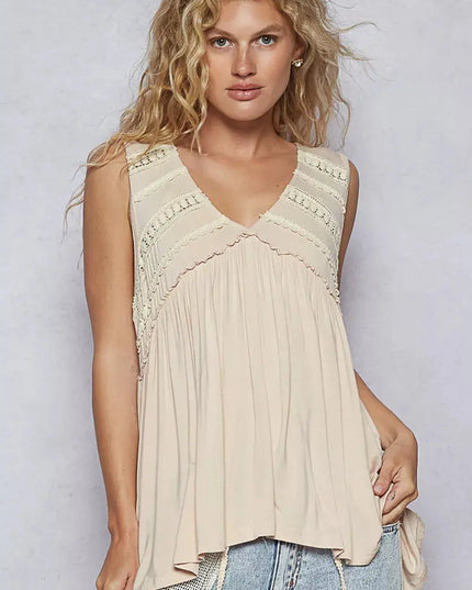POL Lace Trim Babydoll Sleeveless Top with Ruffled and Raw Edge Detail - Sleekdenim.com