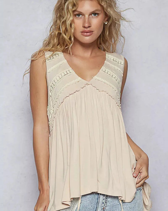 POL Lace Trim Babydoll Sleeveless Top with Ruffled and Raw Edge Detail - Sleekdenim.com