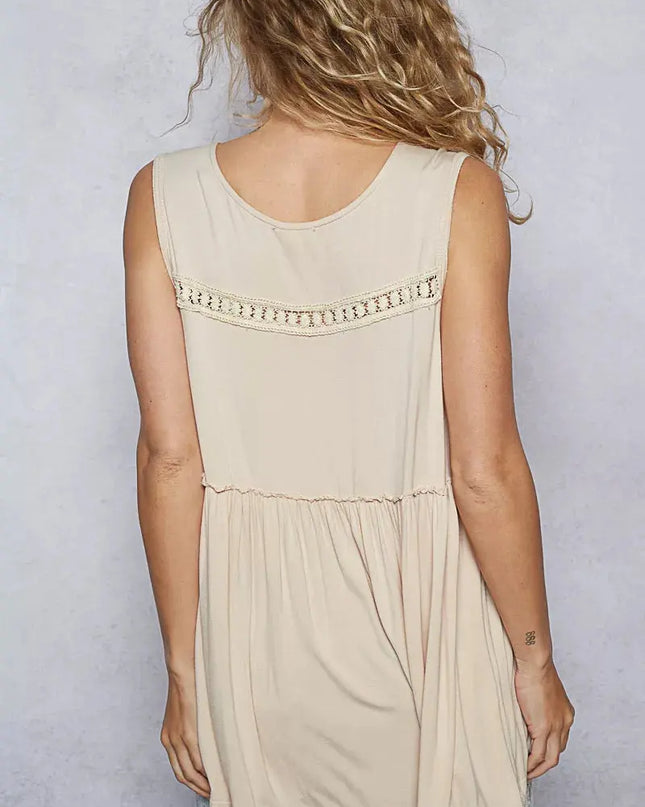 POL Lace Trim Babydoll Sleeveless Top with Ruffled and Raw Edge Detail - Sleekdenim.com