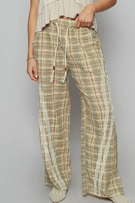 POL Lace Trim Drawstring Checkered Wide Leg Pants - Sleekdenim.com